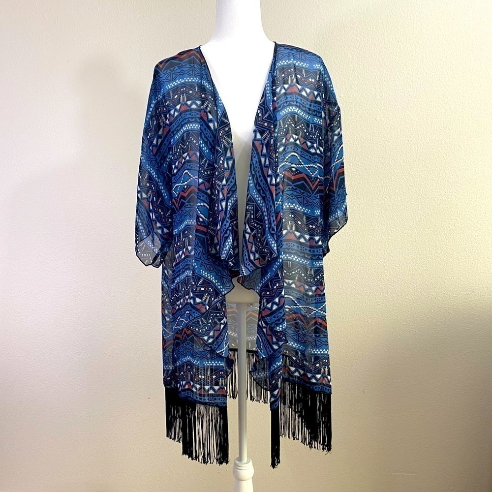 𝅺LULAROE Aztec Fringe Open Front Kimono Cardigan Shawl Size Large